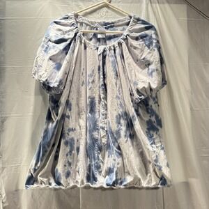 Just My Size White & Blue Short Sleeve Blouse Size 4X Draw String Round Neck